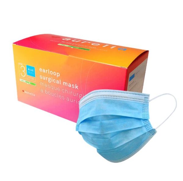Aurelia-level-3-earloop-mask-blue-box-and-mask